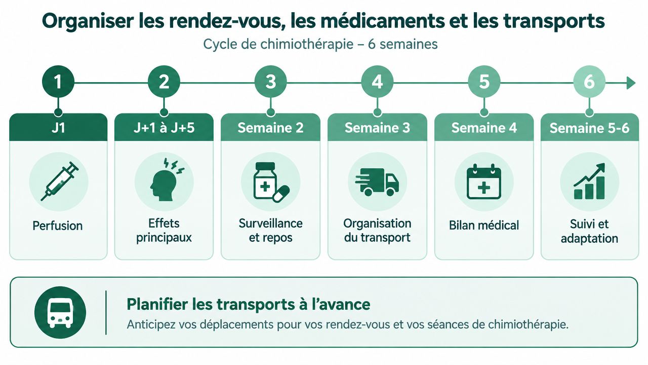 Un graphique illustrant les six étapes clés pour organiser les soins, médicaments et transports en chimiothérapie.