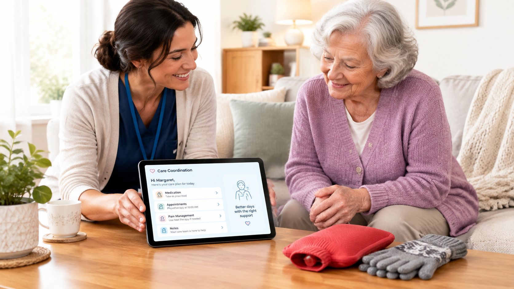 Une infirmière montre à une femme âgée son plan de soins quotidien sur une tablette numérique.