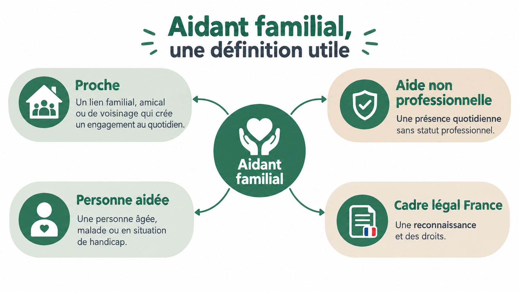 An infographic presenting the four pillars defining the role of a family caregiver in France.