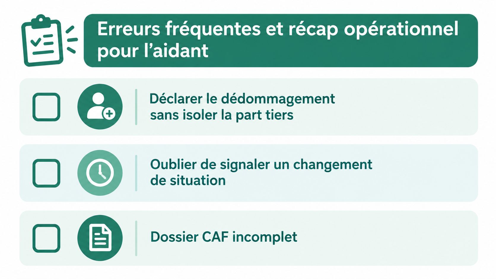 Une liste à puces présentant des erreurs fréquentes pour les aidants concernant les dossiers administratifs et déclaratifs.