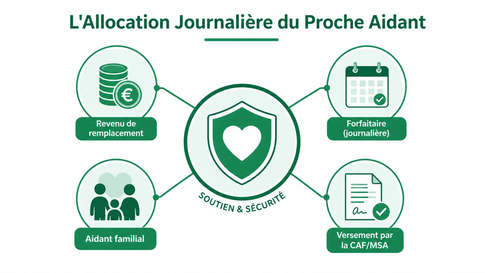 Infographie illustrant l'Allocation Journalière du Proche Aidant avec des icônes sur le soutien et la sécurité.