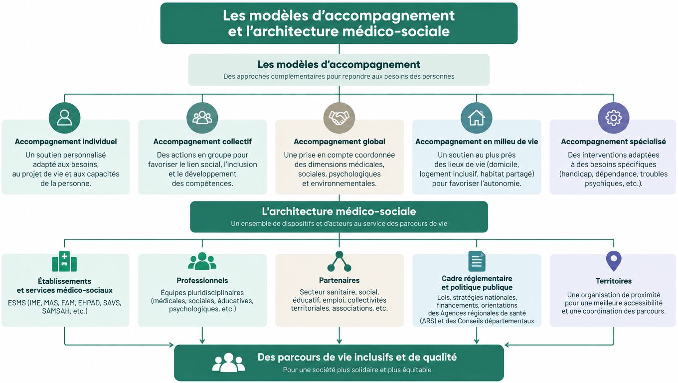 Schéma illustrant les modèles d'accompagnement et l'architecture médico-sociale pour des parcours de vie inclusifs et de qualité.