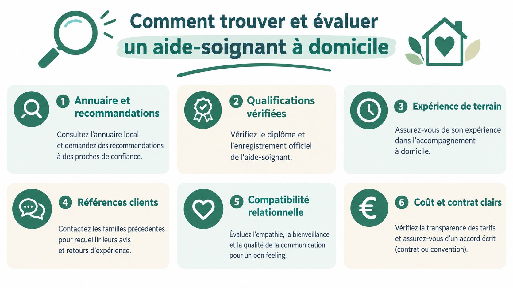 Infographie illustrée sur les six étapes essentielles pour trouver et évaluer un aide-soignant à domicile qualifié.