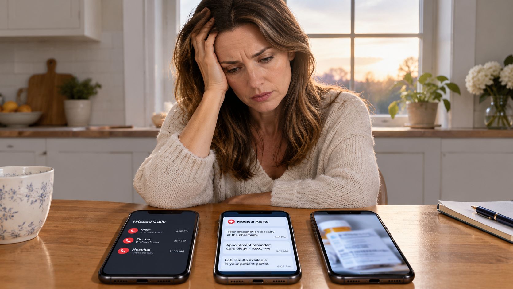 Une femme stressée assise à une table avec trois smartphones affichant des notifications médicales et des appels manqués.