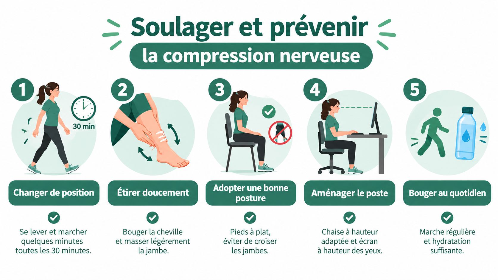 Infographie illustrant cinq conseils pour soulager et prévenir la compression nerveuse dans les jambes au quotidien.