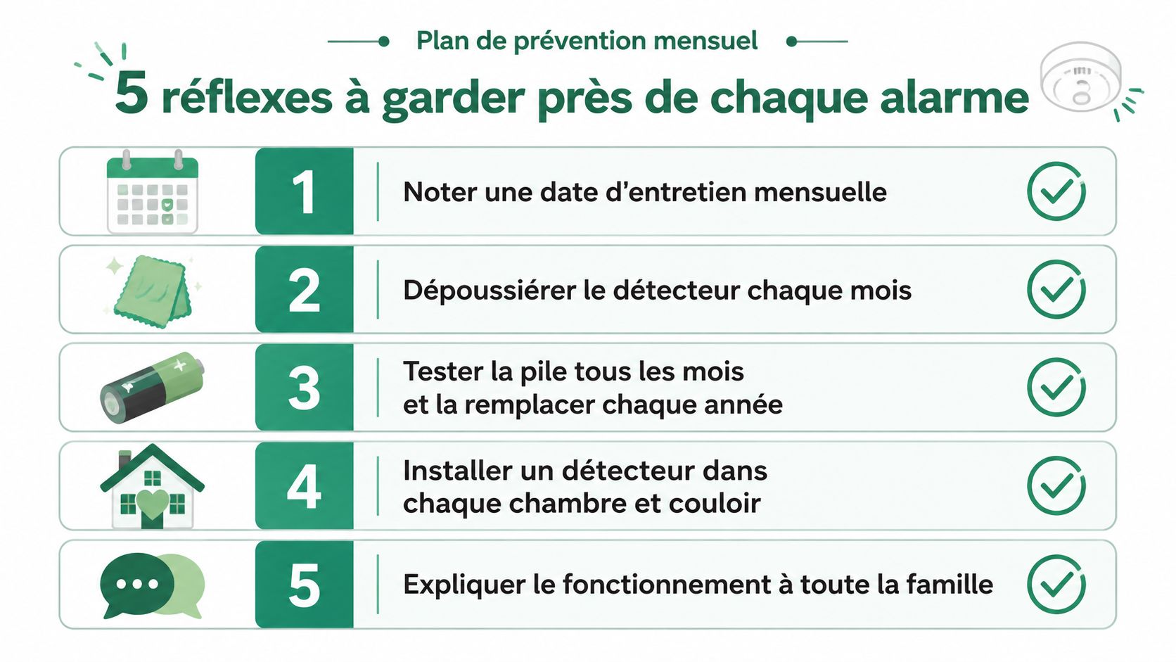 Plan de prévention mensuel illustrant 5 étapes essentielles pour l'entretien et la sécurité de vos détecteurs d'alarme.