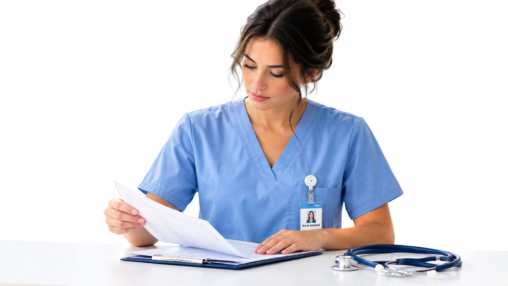 Une aide-soignante portant une blouse bleue examine attentivement des documents médicaux posés sur son bureau