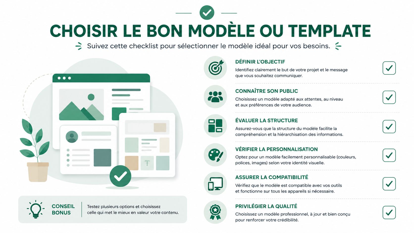 Une infographie montrant une liste de contrôle pour choisir le meilleur modèle ou template de conception graphique.
