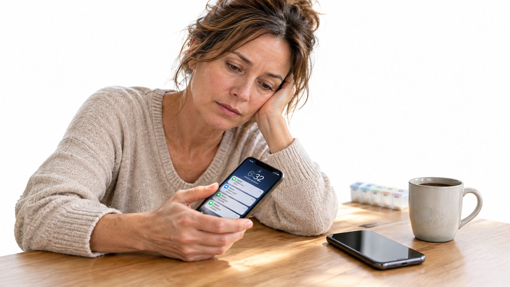 Une femme fatiguée regarde son téléphone portable avec des notifications en attente assise à une table.