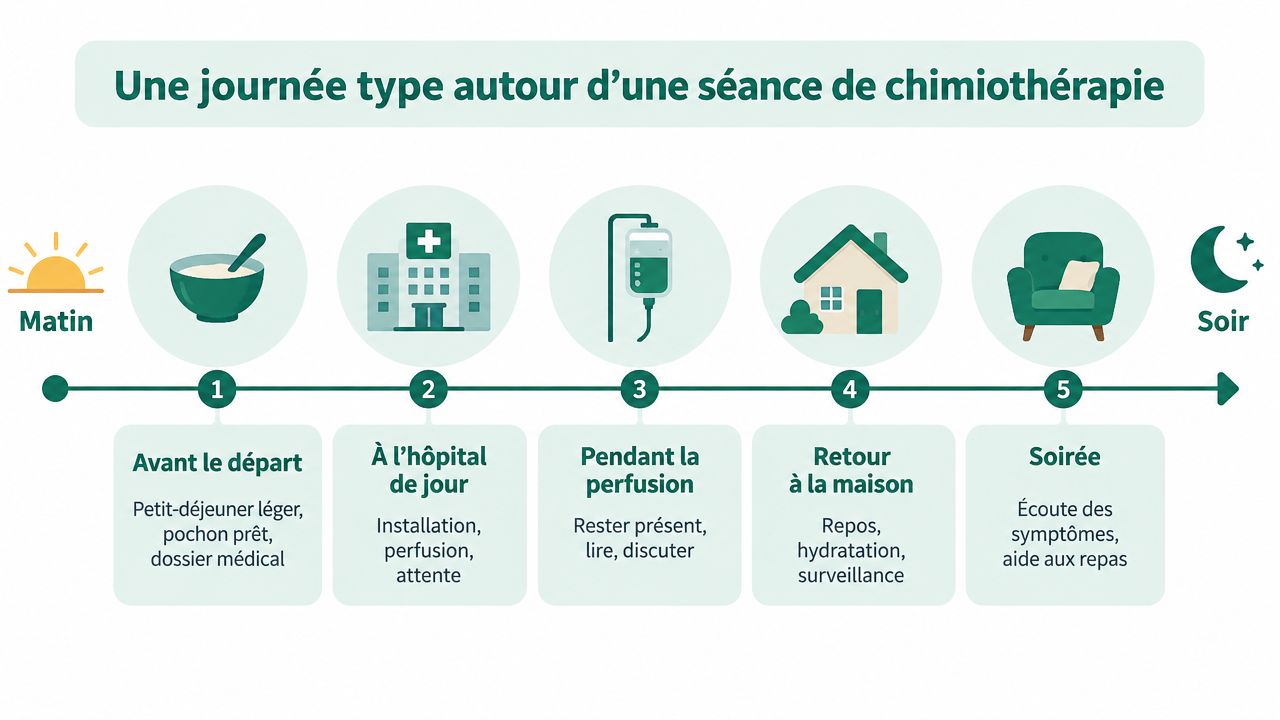 Une chronologie illustrant le déroulement d'une journée type autour d'une séance de chimiothérapie, du matin au soir.