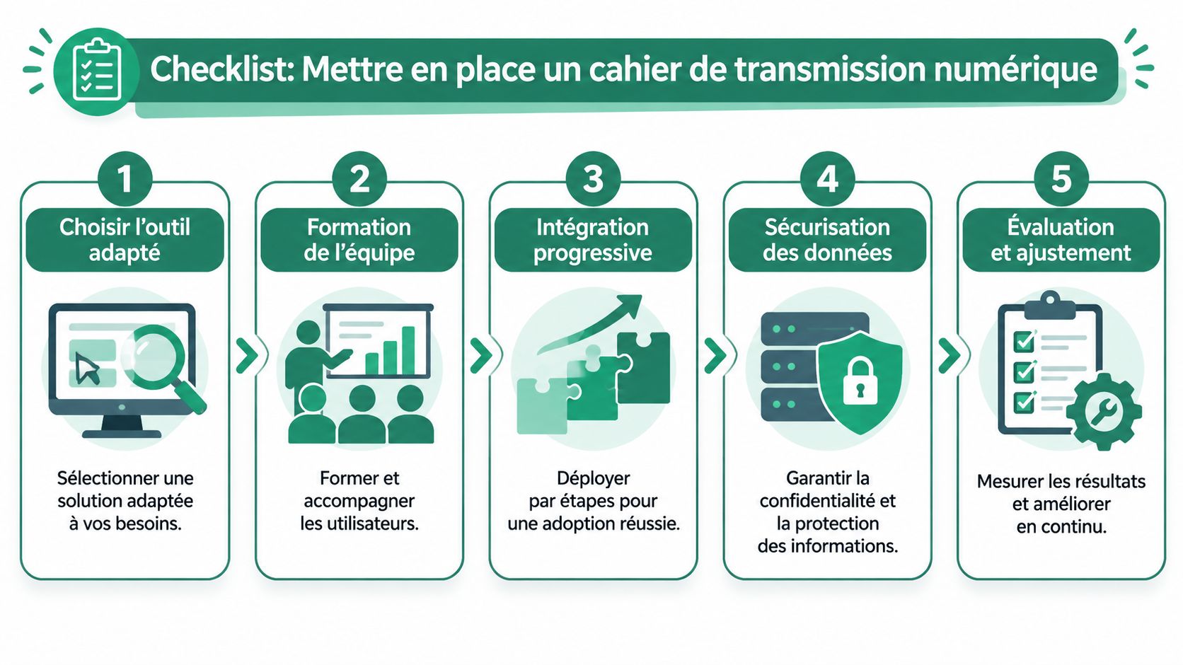 Une infographie en cinq étapes pour la mise en place d'un cahier de transmission numérique en entreprise.