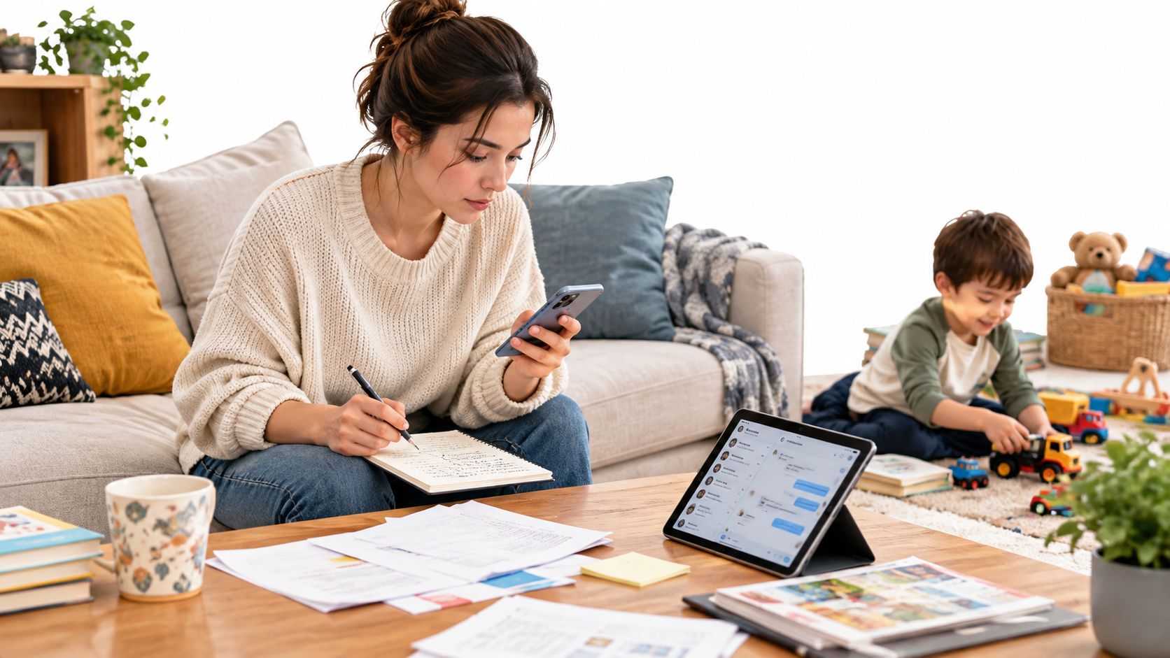 Une mère travaille sur son ordinateur portable tout en prenant des notes pendant que son enfant joue
