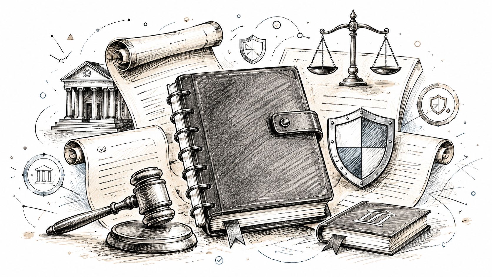 Une illustration artistique montrant un journal de droit avec un marteau, des documents et une balance judiciaire.