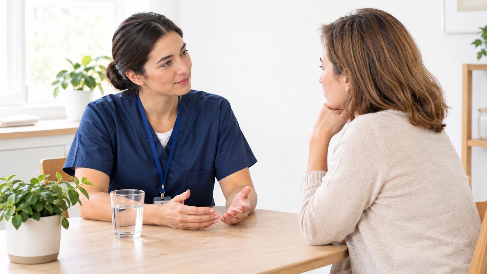 Une aide-soignante discute avec une patiente lors d'une séance de soins palliatifs à domicile dans le salon.