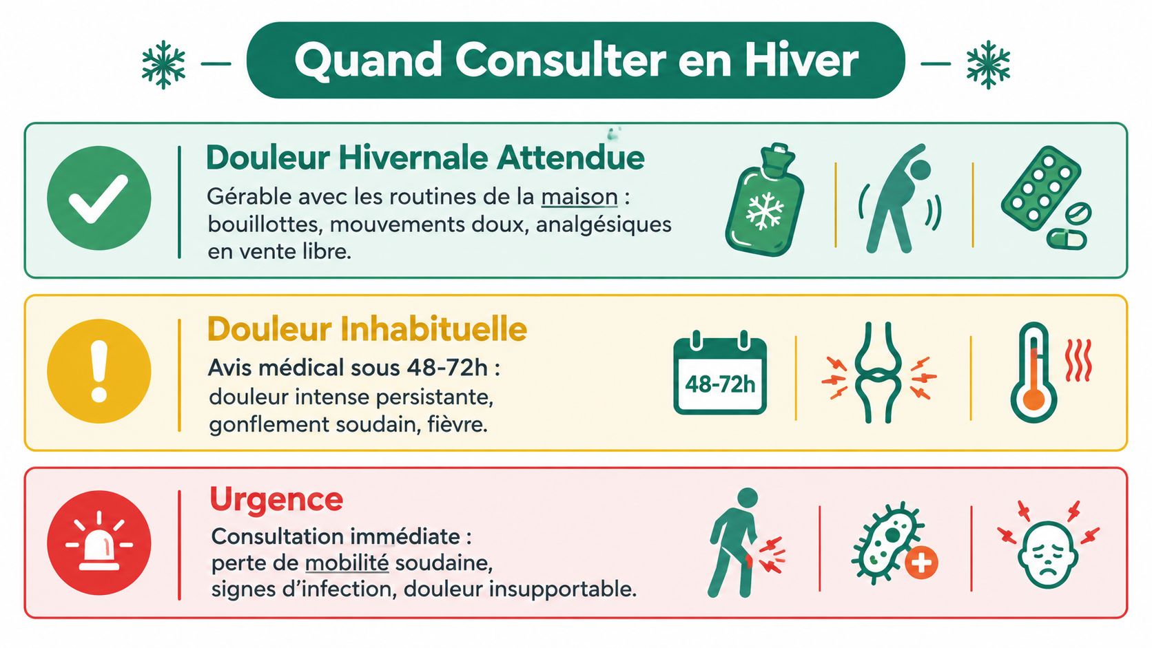 Infographie illustrant les conseils médicaux pour gérer les douleurs articulaires pendant la saison hivernale.