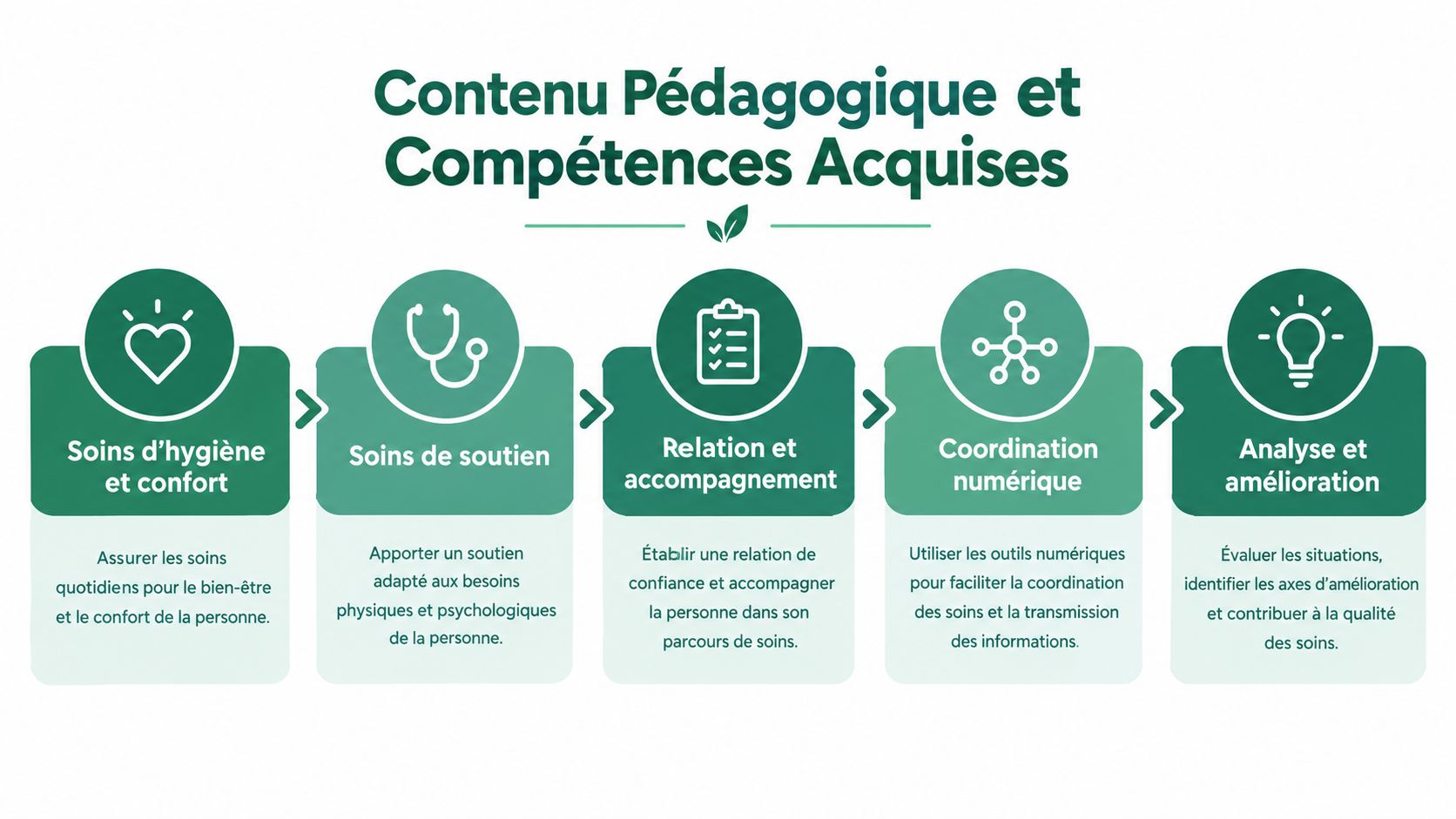 Schéma pédagogique présentant les cinq domaines de compétences essentiels pour la formation d'aide-soignant dans le secteur médical.