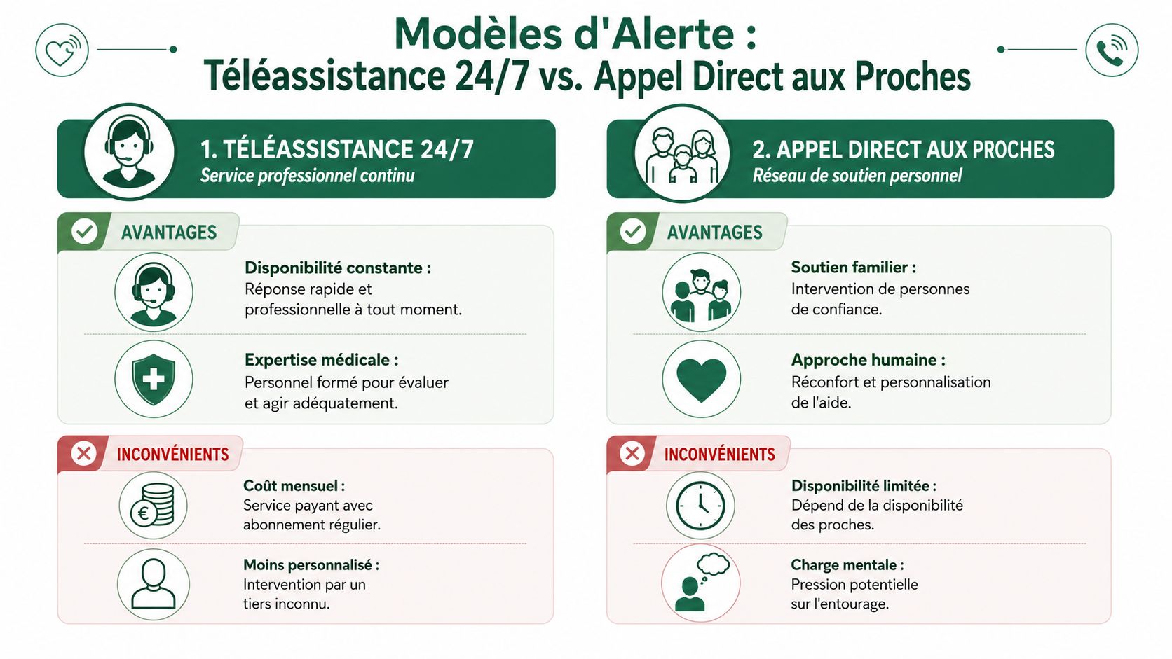 Infographie comparant les avantages et les inconvénients de la téléassistance 24h/24 et de l'appel direct aux proches.