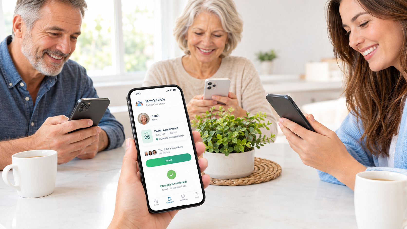 A family gathered around a table using a caregiver calendar app on their smartphones to coordinate care.