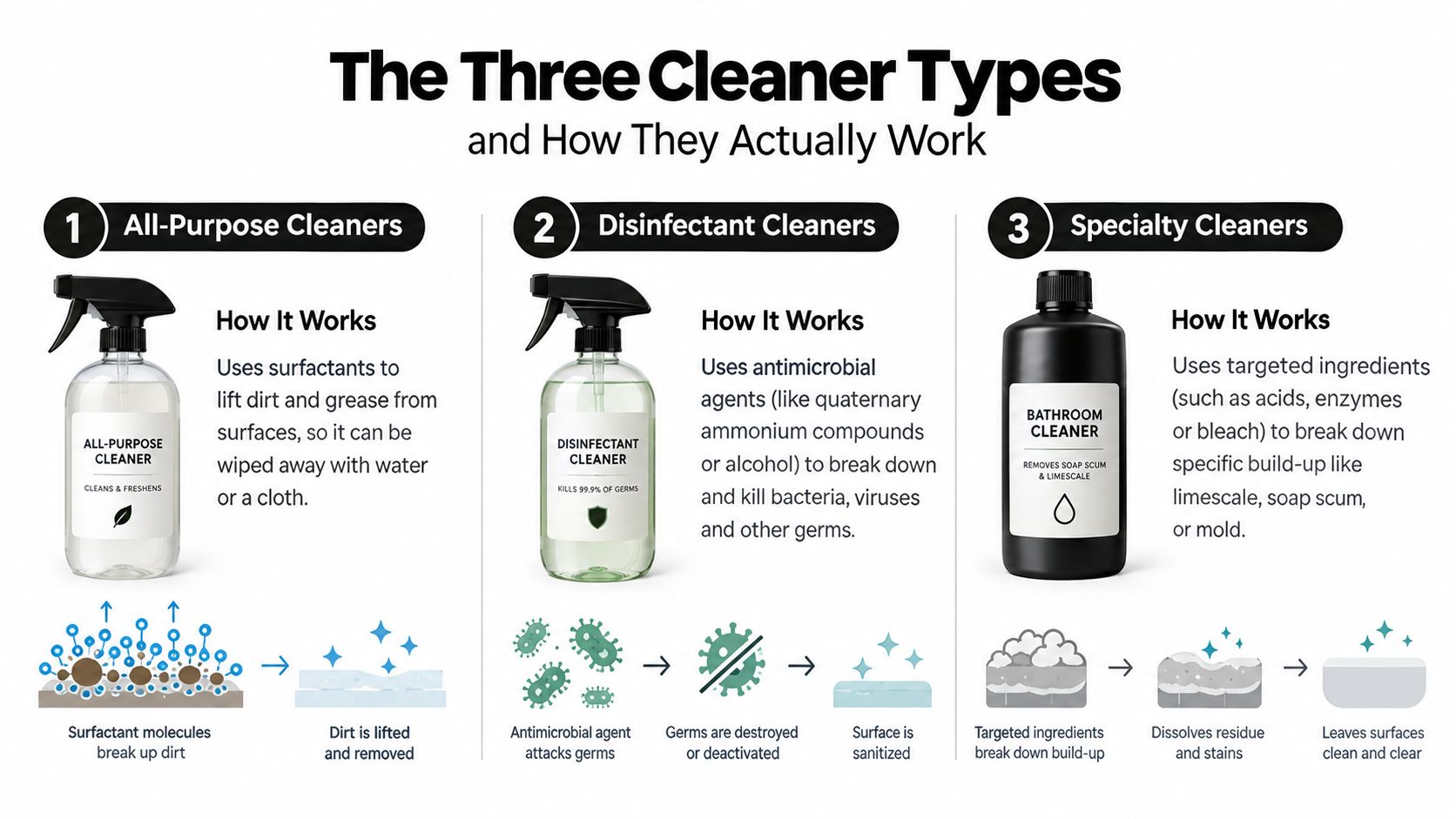 An infographic titled The Three Cleaner Types illustrating how all-purpose, disinfectant, and specialty cleaners work on surfaces.