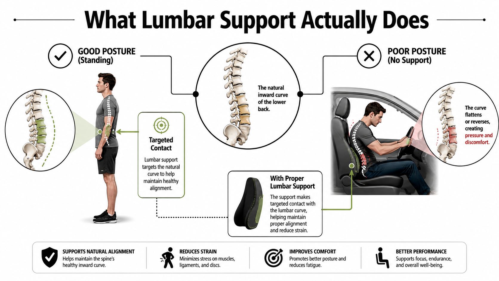 An infographic illustrating the benefits of using lumbar support in a car seat for posture and comfort.