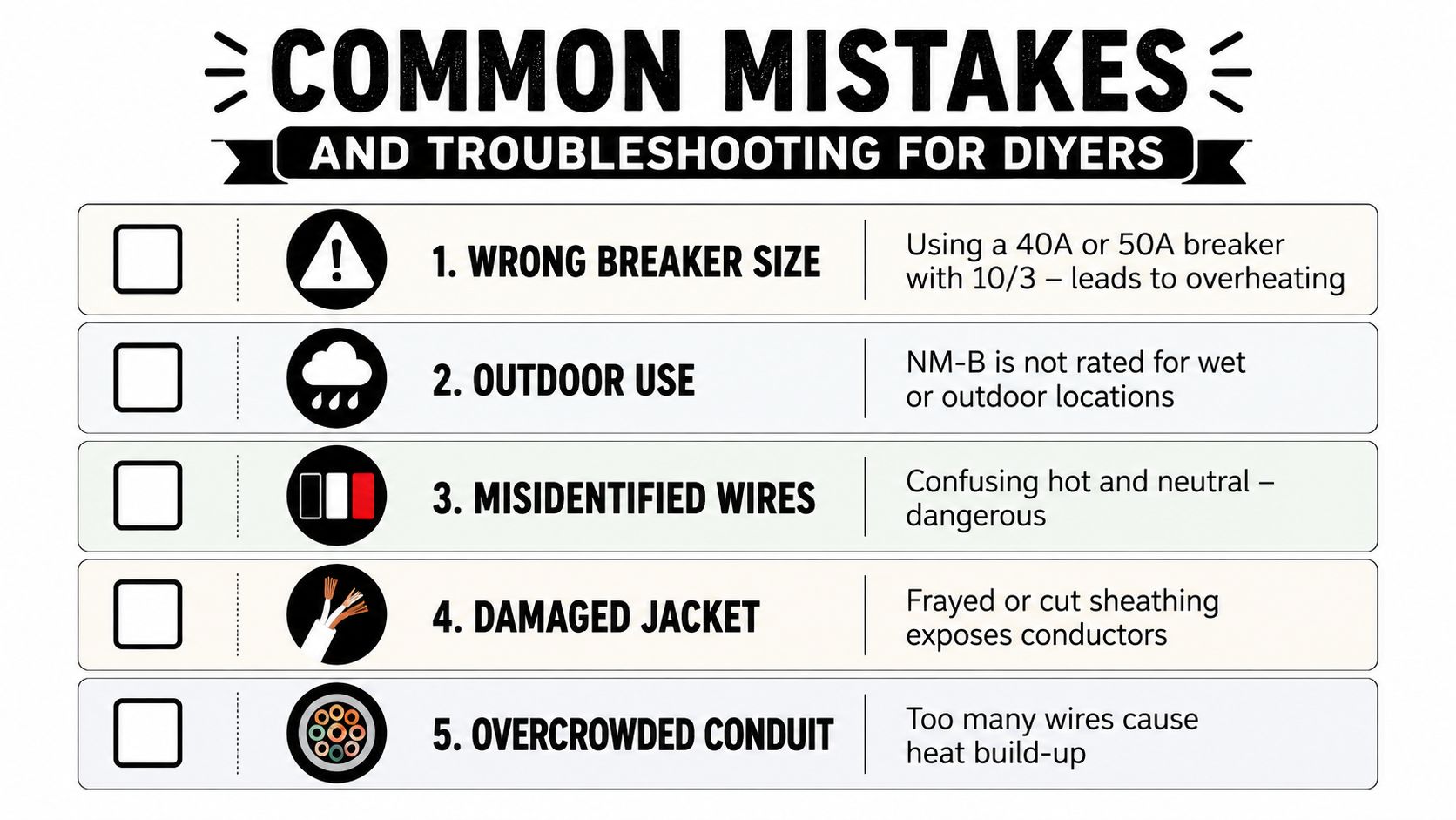 An infographic list outlining five common electrical wiring mistakes and troubleshooting tips for DIY home projects.
