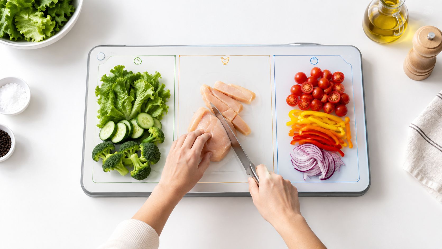 A person using a smart cutting board to slice chicken while fresh vegetables are organized separately.
