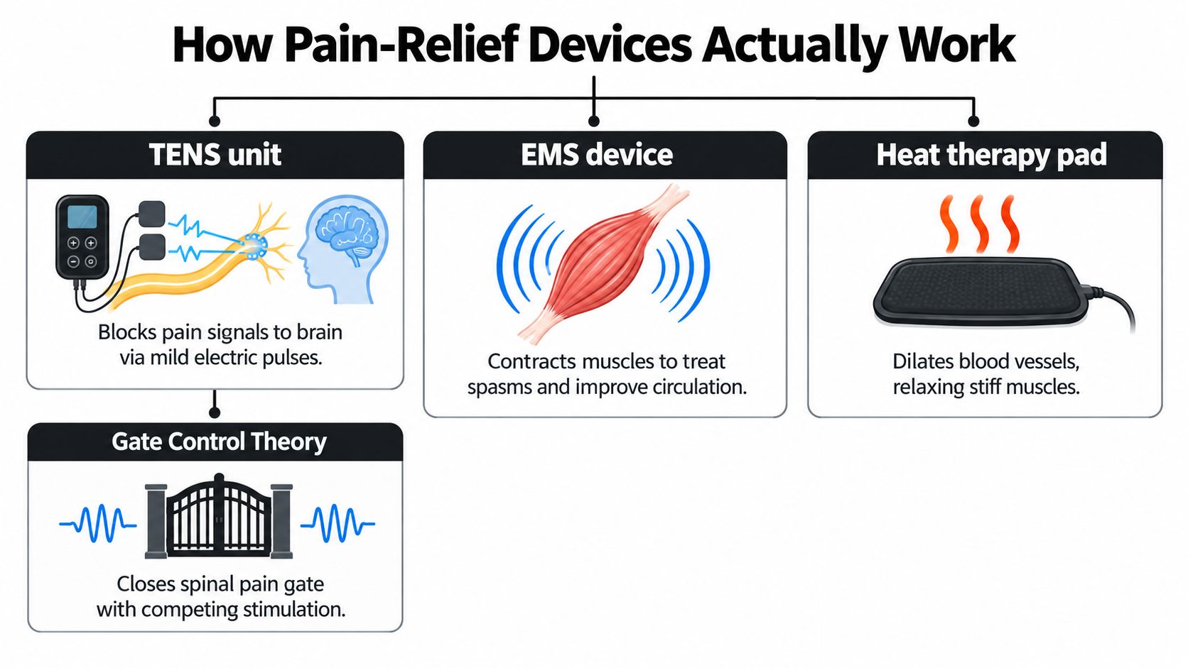 An infographic explaining how TENS units, EMS devices, and heat therapy pads relieve pain through different mechanisms.