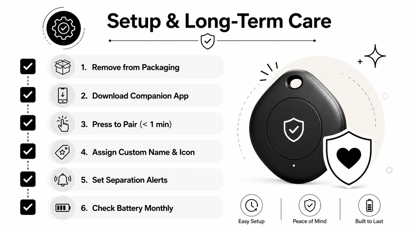 An instructional graphic showing six simple setup steps for a black Bluetooth tracker key finder device.