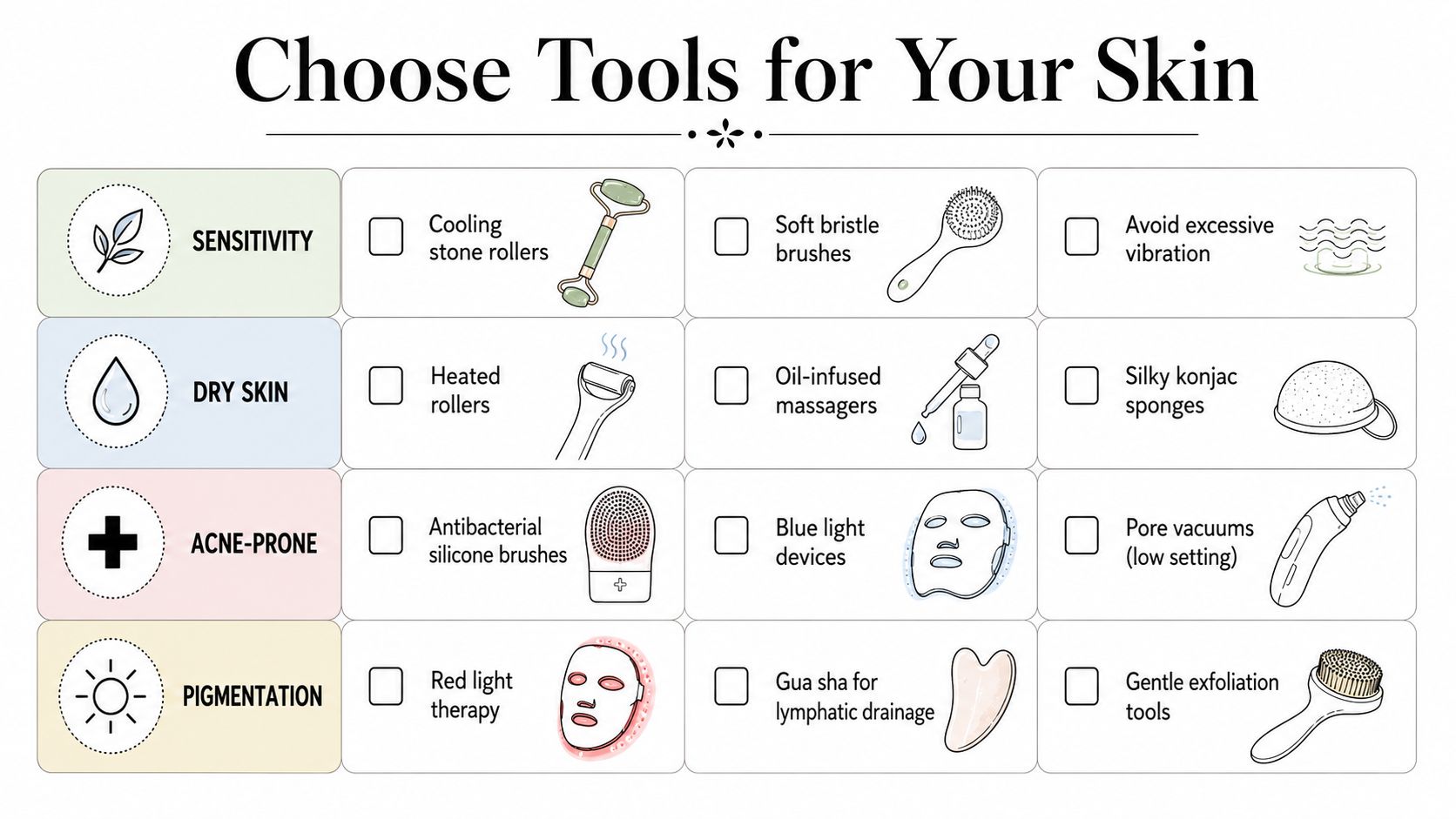 A chart showing recommended skin care tools categorized by different skin types like sensitivity, dry, acne-prone, and pigmentation.