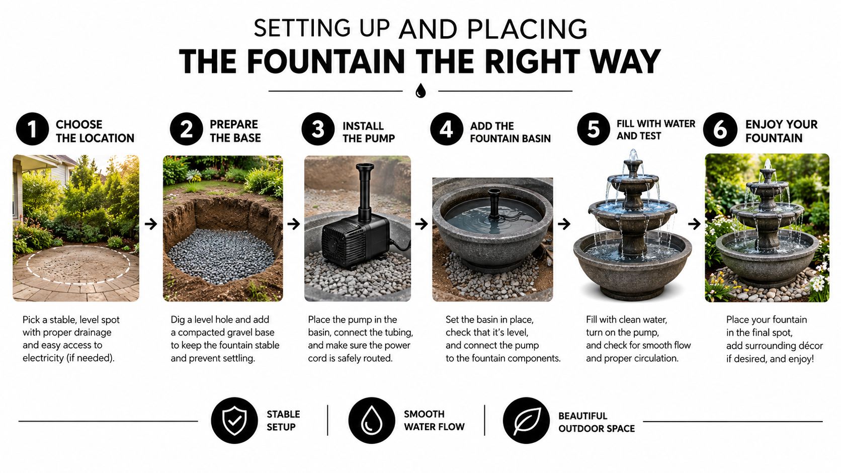 A six-step infographic guide illustrating the proper installation and setup process for an outdoor garden fountain.