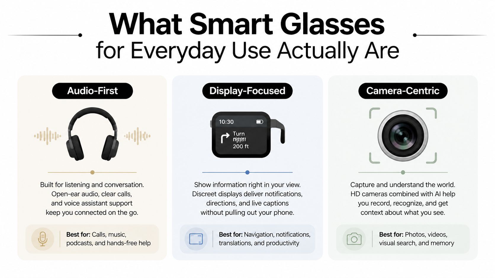 An infographic categorizing smart glasses for everyday use into Audio-First, Display-Focused, and Camera-Centric device types.