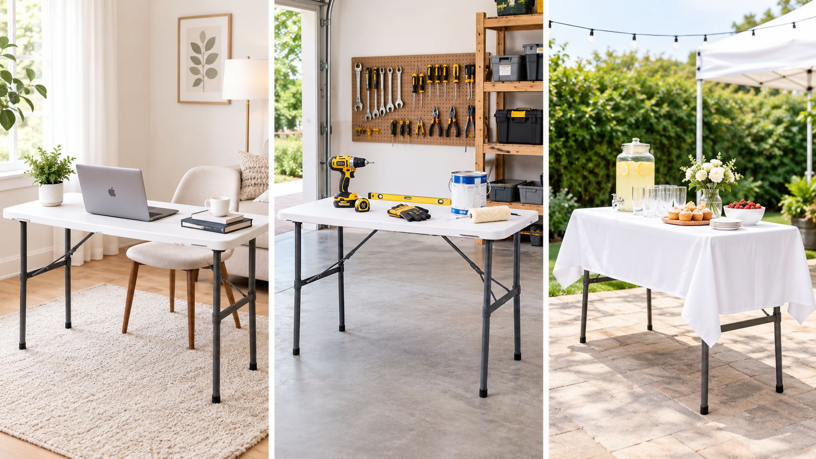 A versatile white folding table displayed in three different settings: an office, a garage, and a patio.
