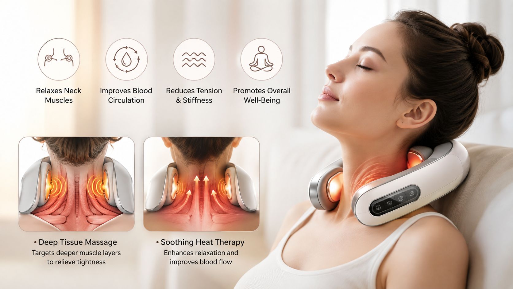 A woman comfortably uses an electric neck massager device for relaxation, heat therapy, and muscle relief.
