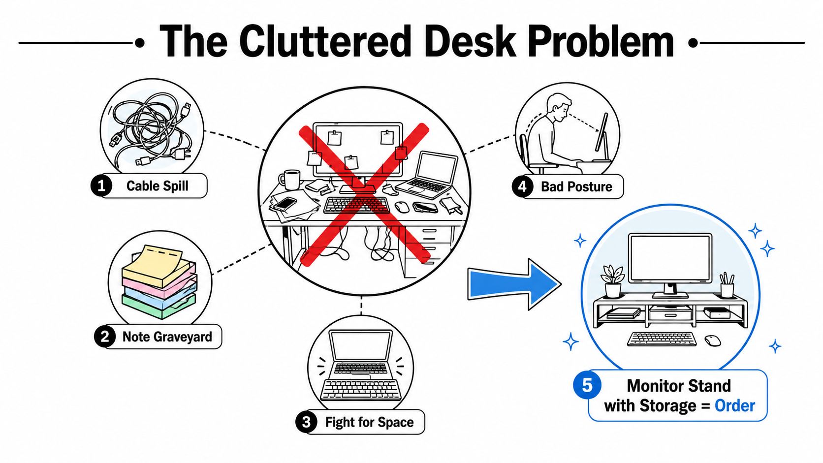 A diagram illustrating desk clutter problems like tangled cables and poor posture, solved by using a monitor stand.