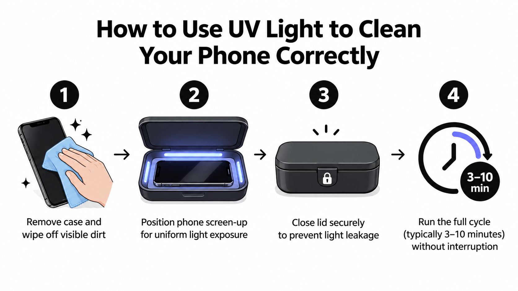 A four-step infographic illustrating how to properly clean a smartphone using a UV light sanitizing device.
