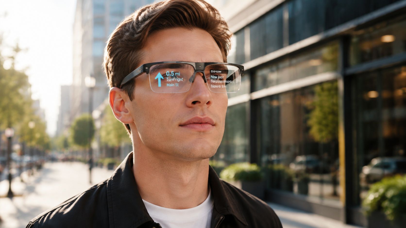 A man wearing sleek, modern augmented reality smart glasses while walking down a sunny city street.