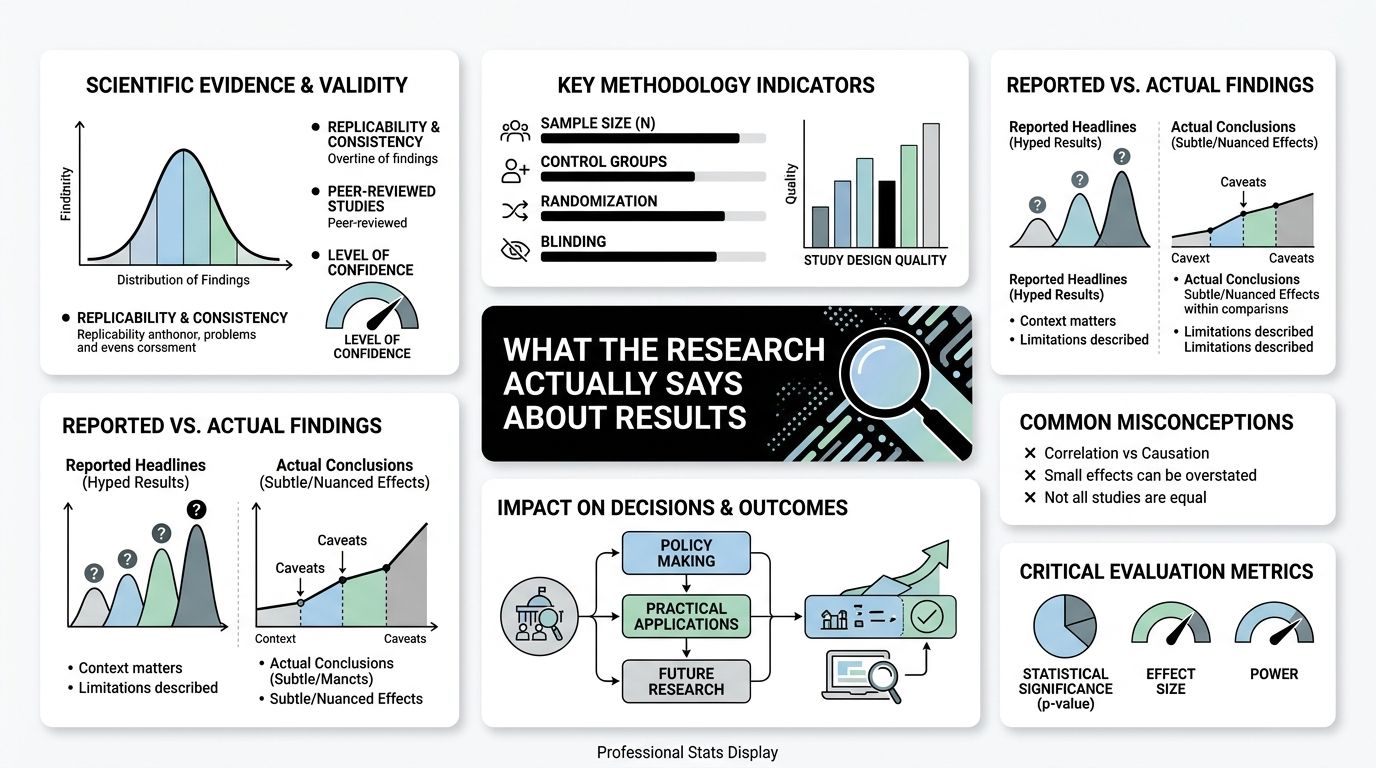 A professional infographic illustrating the scientific evaluation of research results, methodologies, and critical data interpretation metrics.