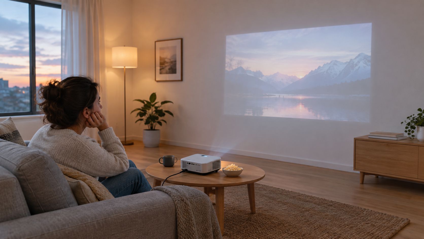 A woman sits on a sofa watching a mountain landscape projected onto a wall in a living room.