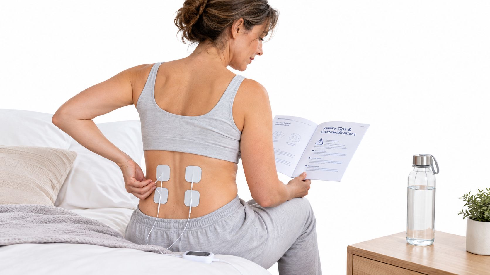 A woman sits on a bed reading a manual while using a TENS unit for back pain relief.