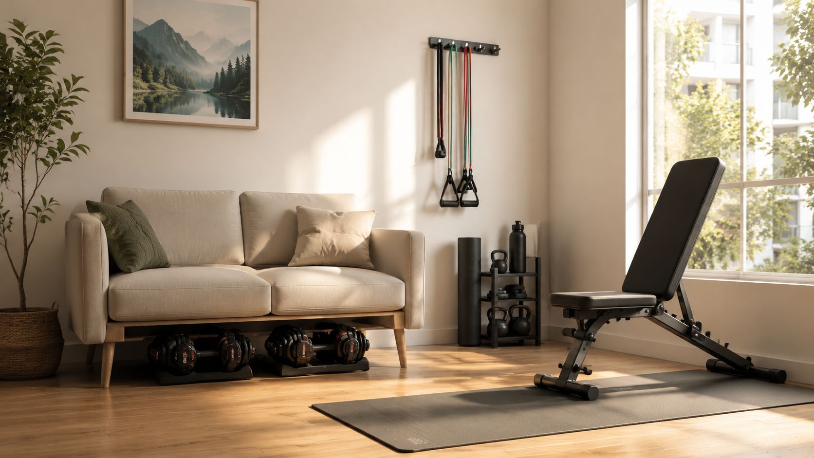 A modern home gym setup with a weight bench, adjustable dumbbells under a sofa, and exercise equipment.