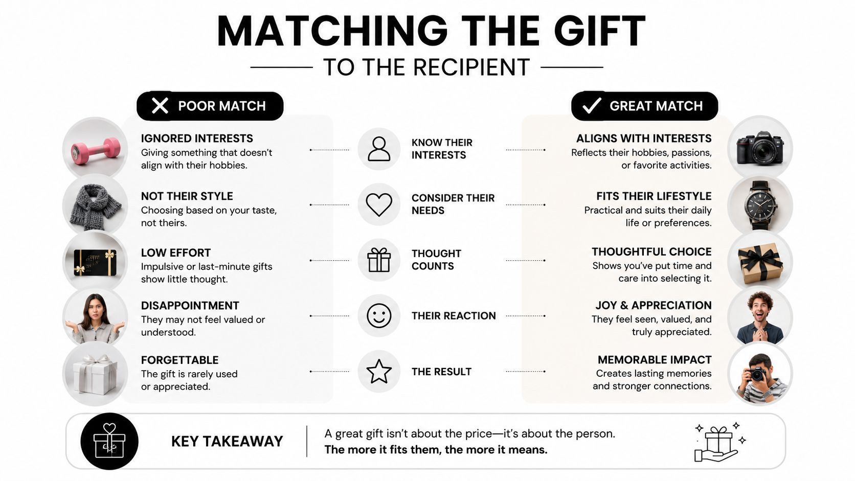 An infographic comparing the differences between a poor gift match and a great gift match for someone.