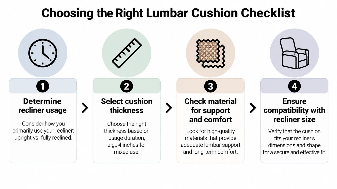 A four-step checklist illustration for choosing the right lumbar support cushion for a recliner chair.