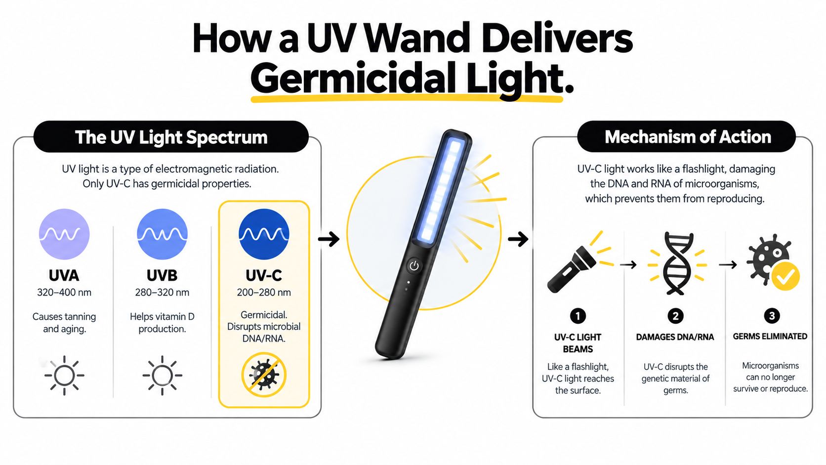 An infographic explaining how a UV sterilizer wand uses UVC light to eliminate harmful microorganisms.