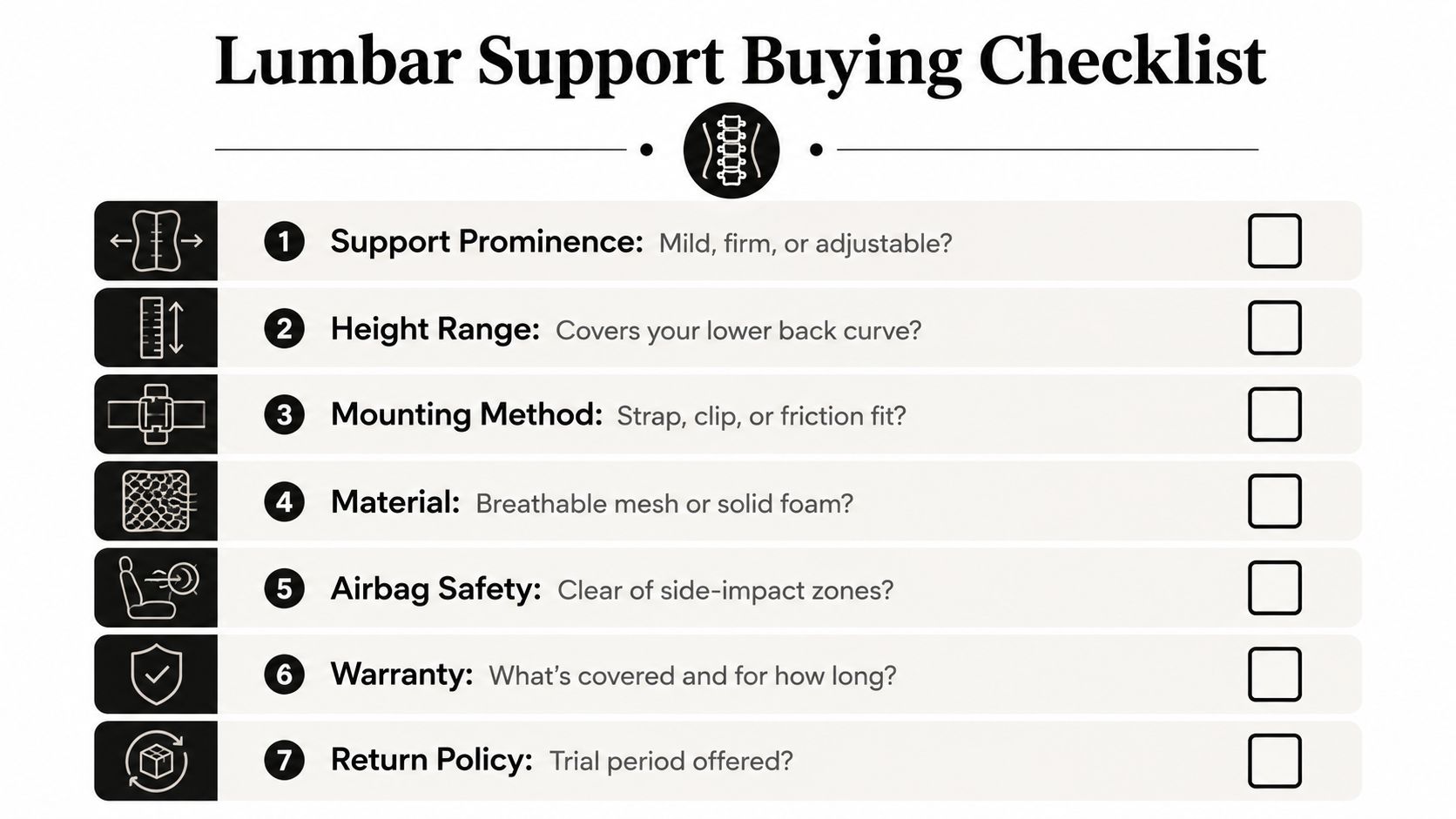 A checklist for choosing lumbar support cushions, highlighting features like prominence, height, material, and safety.
