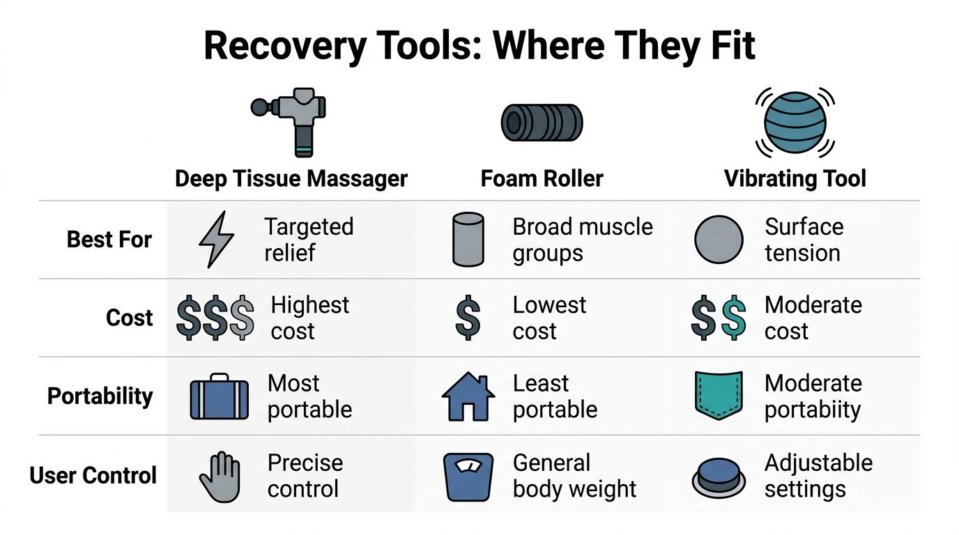A comparison chart showing features like cost, portability, and control for deep tissue massagers, foam rollers, and vibrating tools.