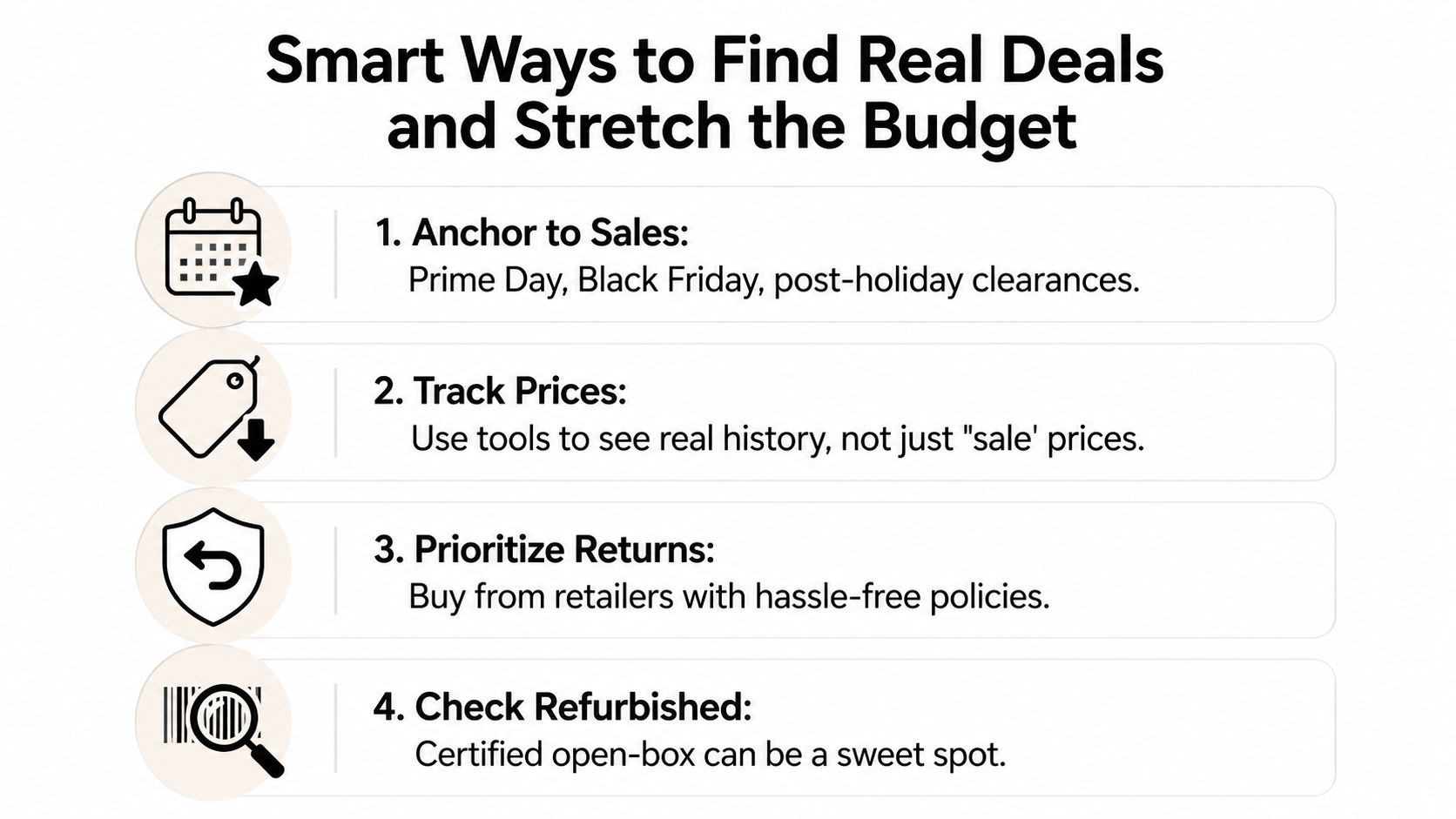 A list of four smart shopping strategies including tracking prices and buying refurbished goods to save money.