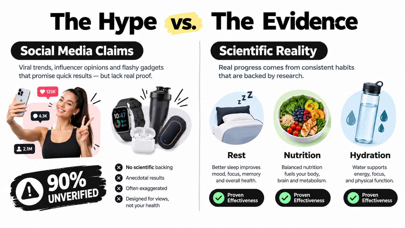 A comparative infographic showing social media hype versus scientific reality for health habits like rest, nutrition, and hydration.