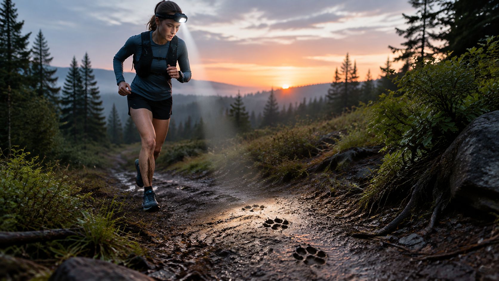 A female trail runner with a headlamp illuminating muddy wolf paw prints on a forest path at sunrise.