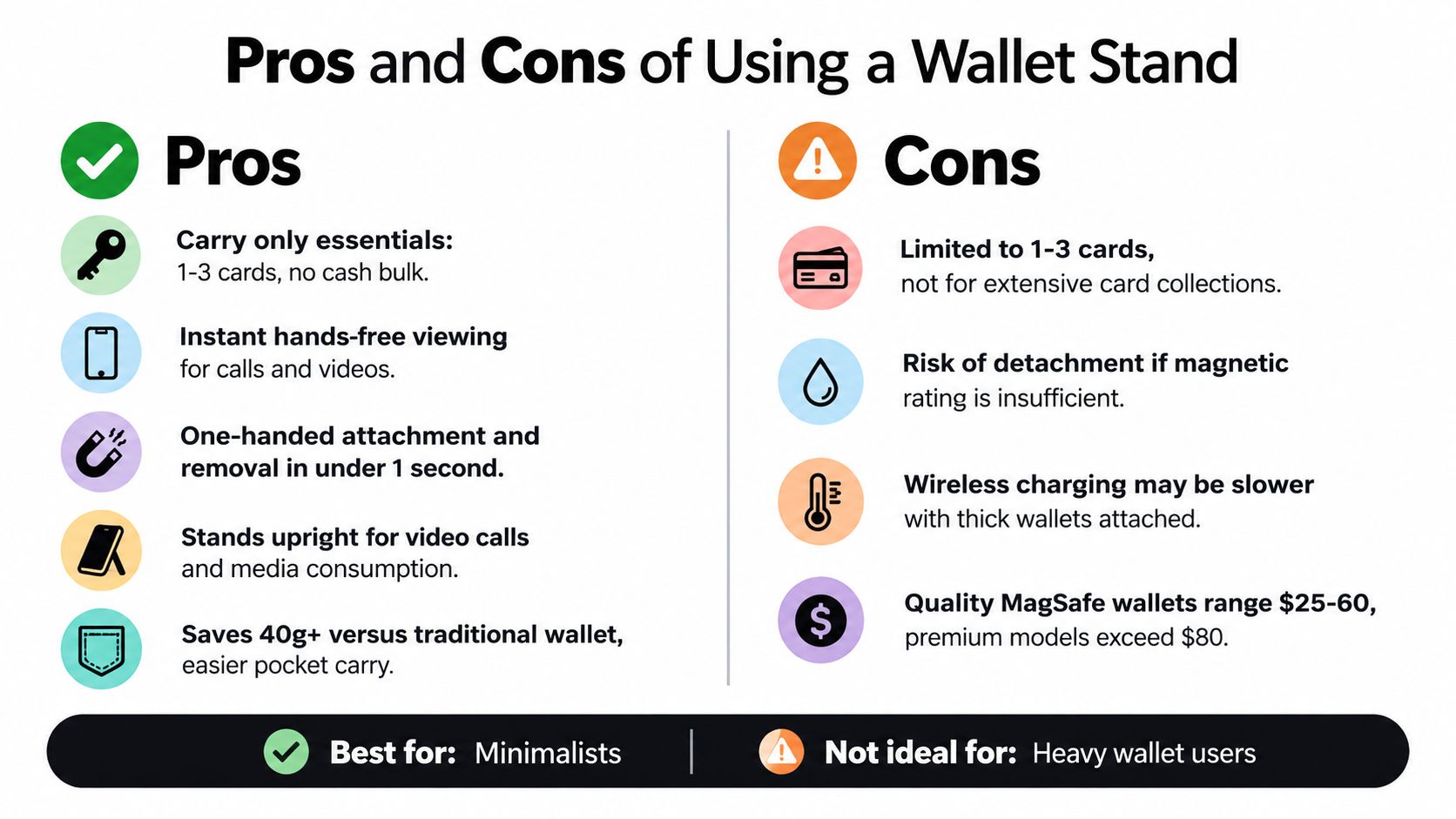 A comparison infographic detailing the pros and cons of using a magnetic MagSafe phone wallet stand.