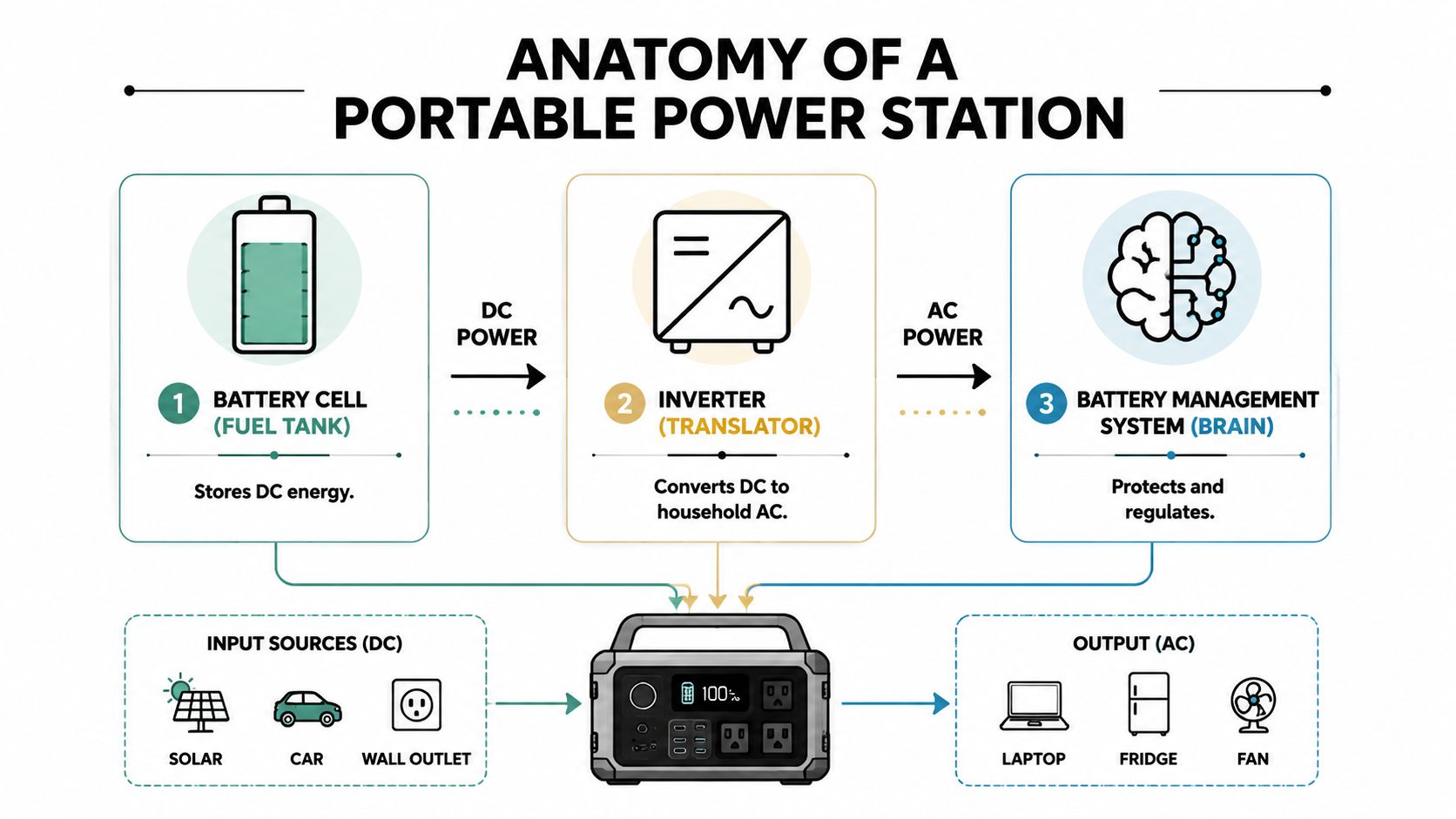 A diagram explaining the anatomy of a portable power station, highlighting battery, inverter, and management systems.
